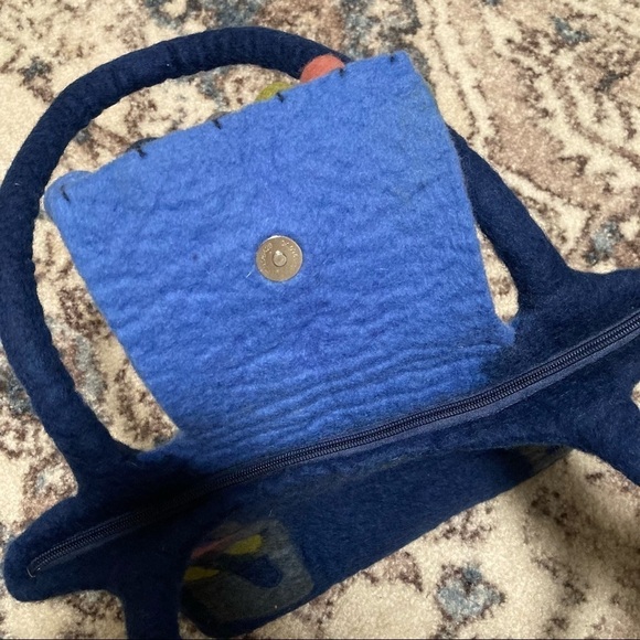 Rising Tide Blue Wool Shoulder Purse with Flower and Pompom Details - Picture 7 of 8